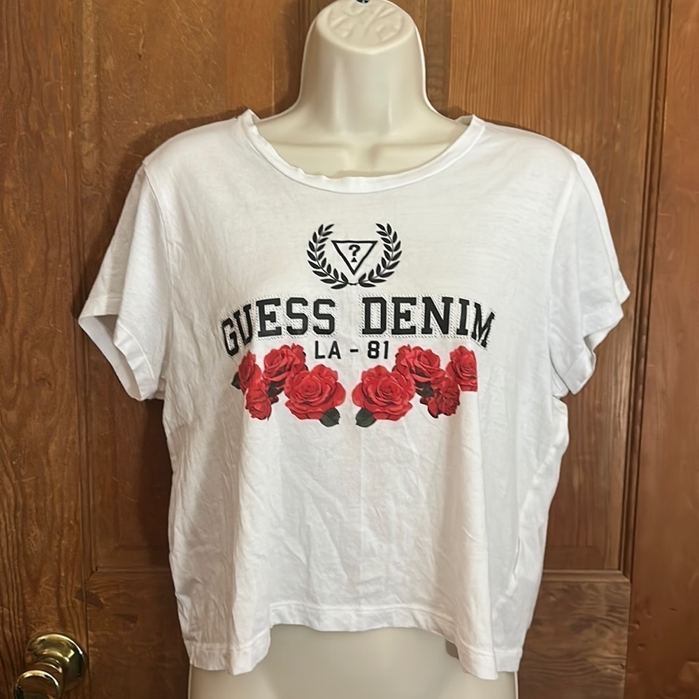 Guess Denim Women’s White Cropped Graphic T-Shirt Size Medium